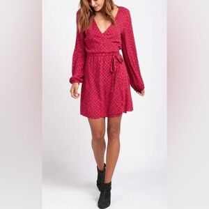 Billabong Love Warrior Wrap Mini Dress in Crimson Red Long Sleeve M